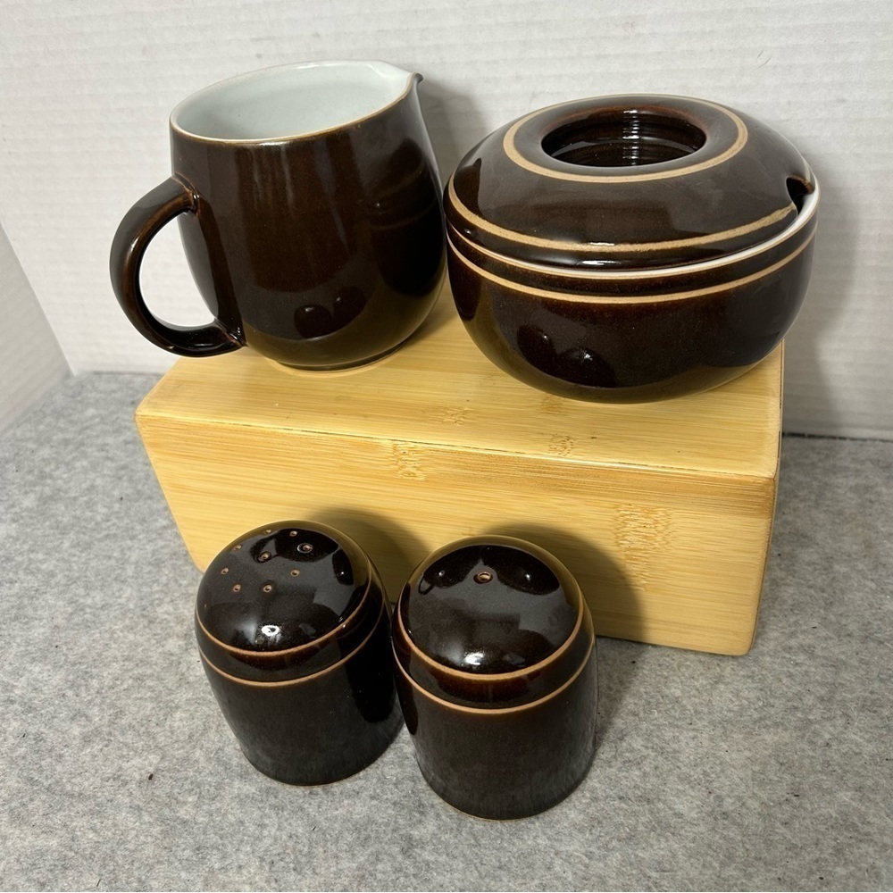 Denby Stoneware Set-Sugar Bowl,Creamer, Salt and Pepper Shakers Made in England